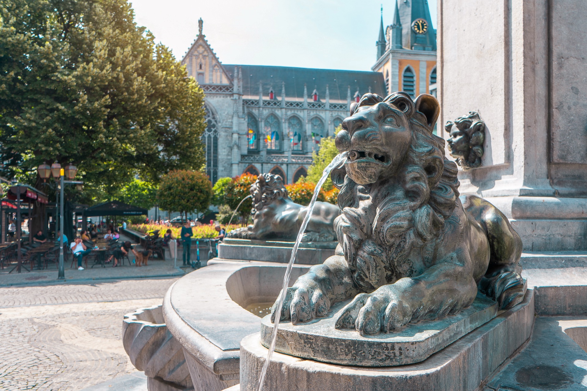 Fontaine au lion et cathédrale Saint-Paul, Liège